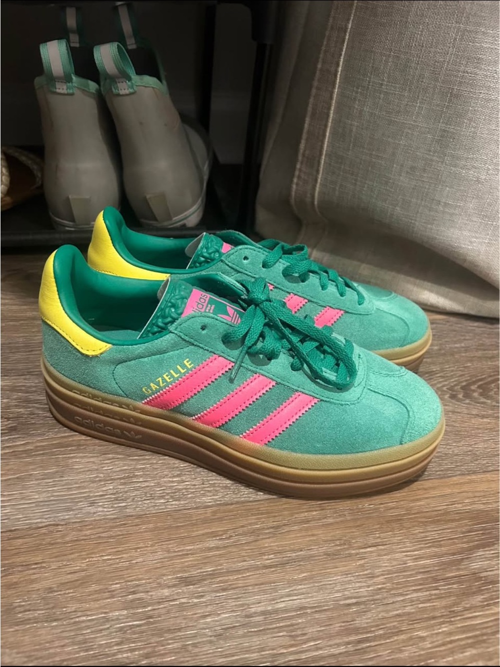 adidas Gazelle Suede Sneakers in Green with Pink Stripes and Yellow Heel